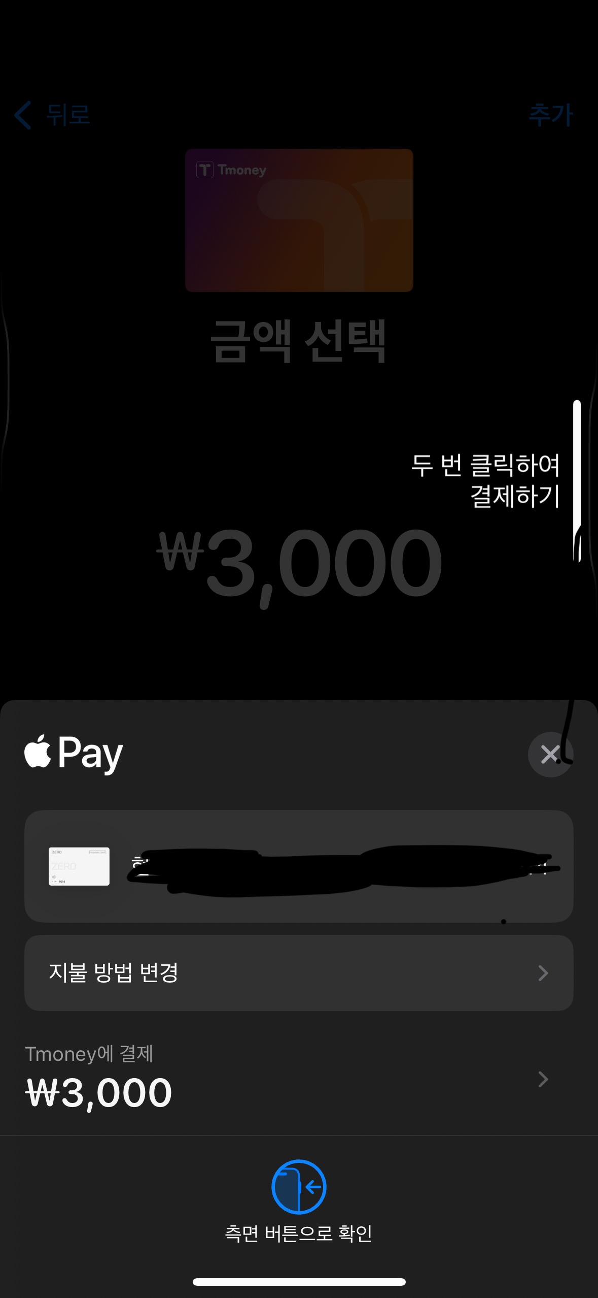 애플페이로 충전 금액을 결제하는 화면